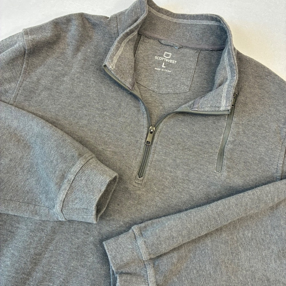 SCOTTeVEST Quarter Zip Pullover Mens Large‎ Gray Cotton Hidden Pockets Travel